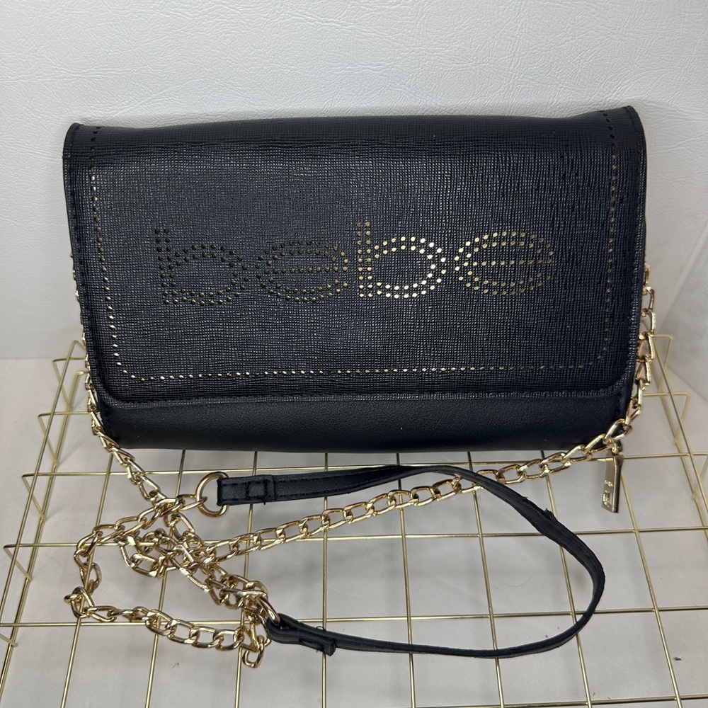 BEBE Black Faux Leather Crossbody With Gold Perforated Logo Shoulder Bag Purse